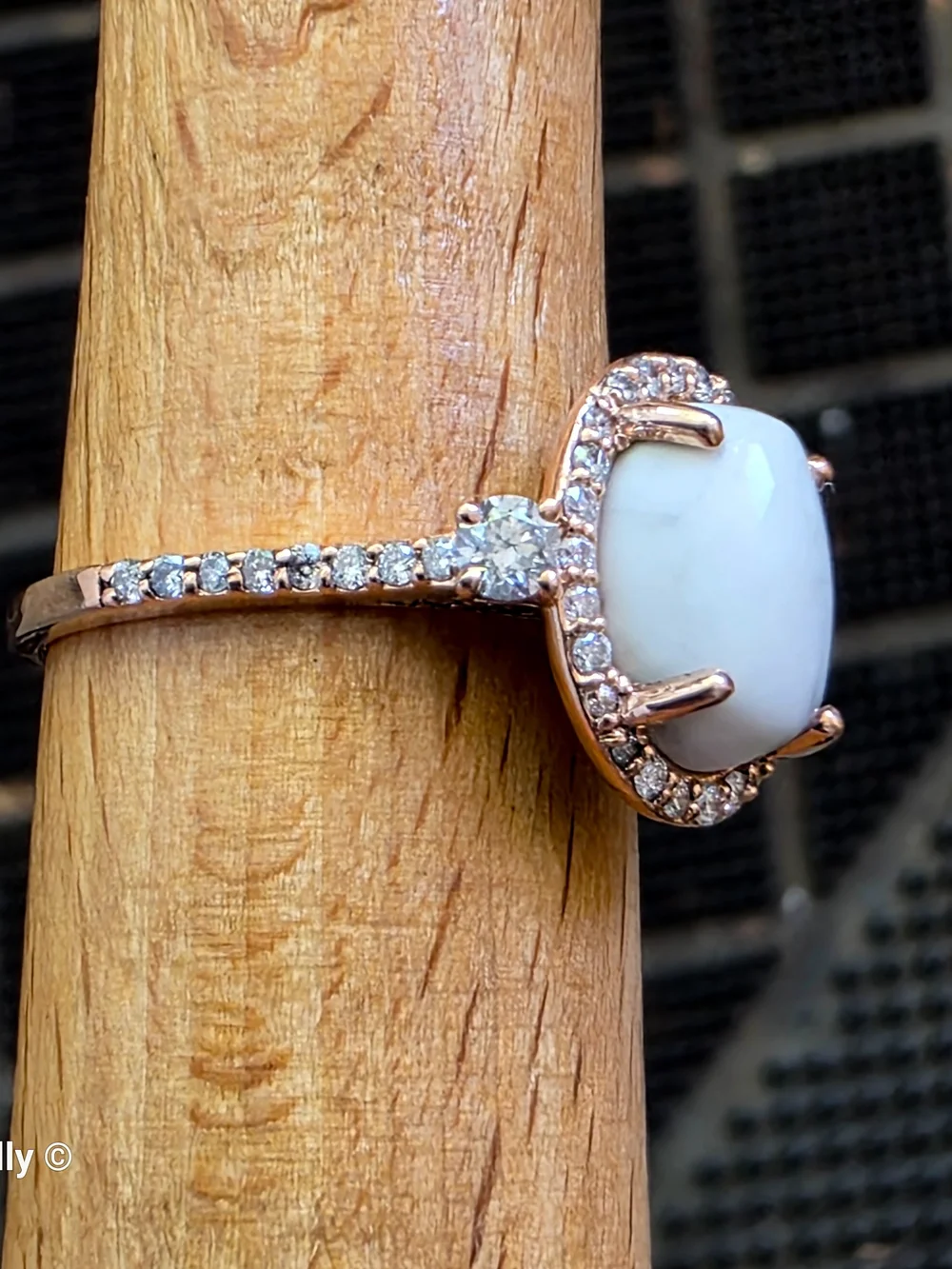14K Rose Gold White Buffalo Turquoise and Diamond Halo Ring Size 6.25 Solid Gold